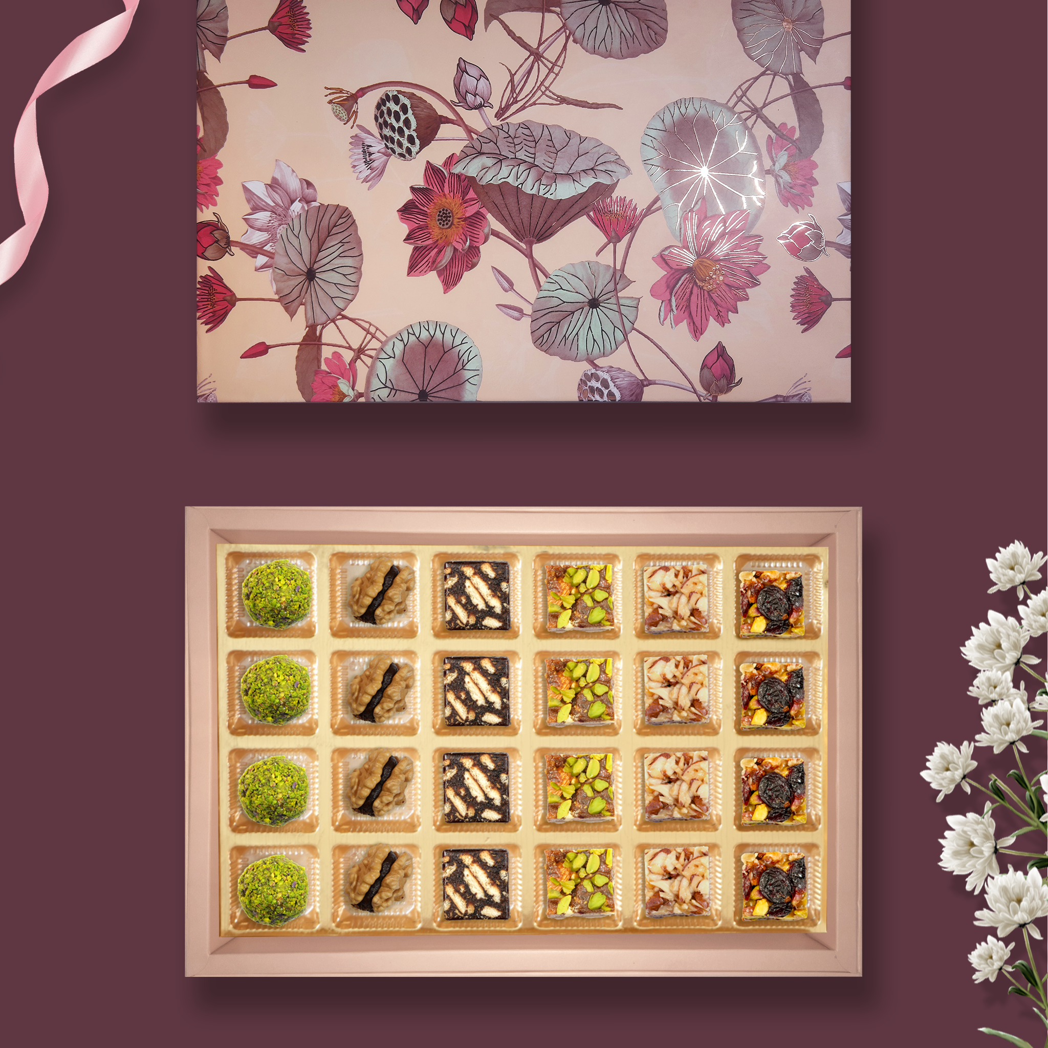 24 pc Box Rose Almond Pistacio +Walnut Date Coco +Date Coffee Cookiee +Date DryFruit +Rosted Almond+Pistachi Cranberry