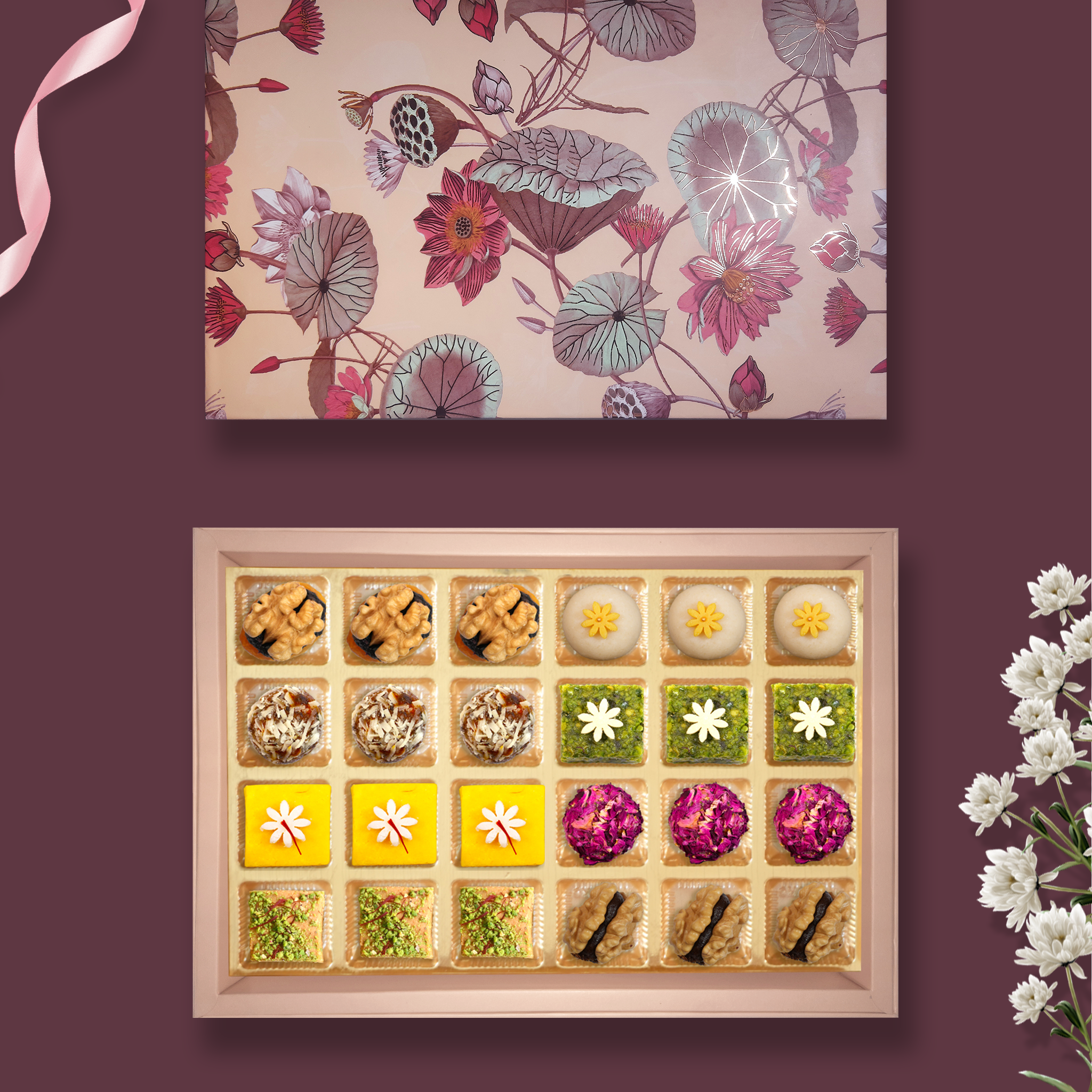 24 pc Box Walnut Date Coco + Crunch Badam Ball + Date Mukhwas+Gulab Gulkand+ Kesaria Badam Katli+Pishori Pista Lodge +Besan Chakkai+Walnut Apricot With Rasins