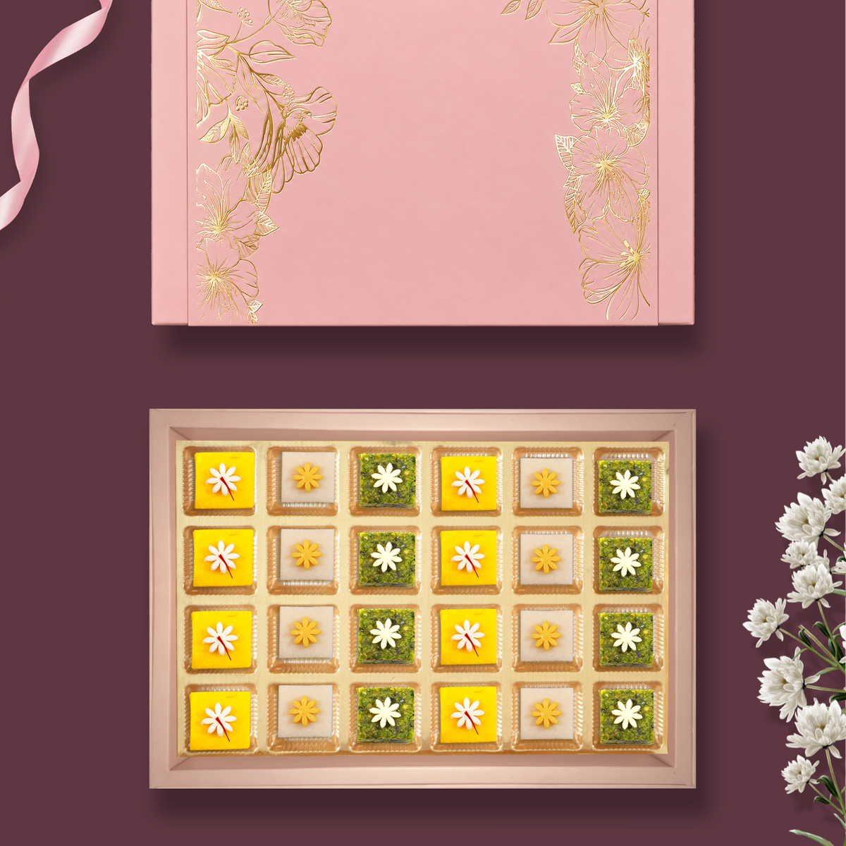 24 pc Box Kesar Badam Kathli+Mamra Badam Katli+Pishori Pista Lodge
