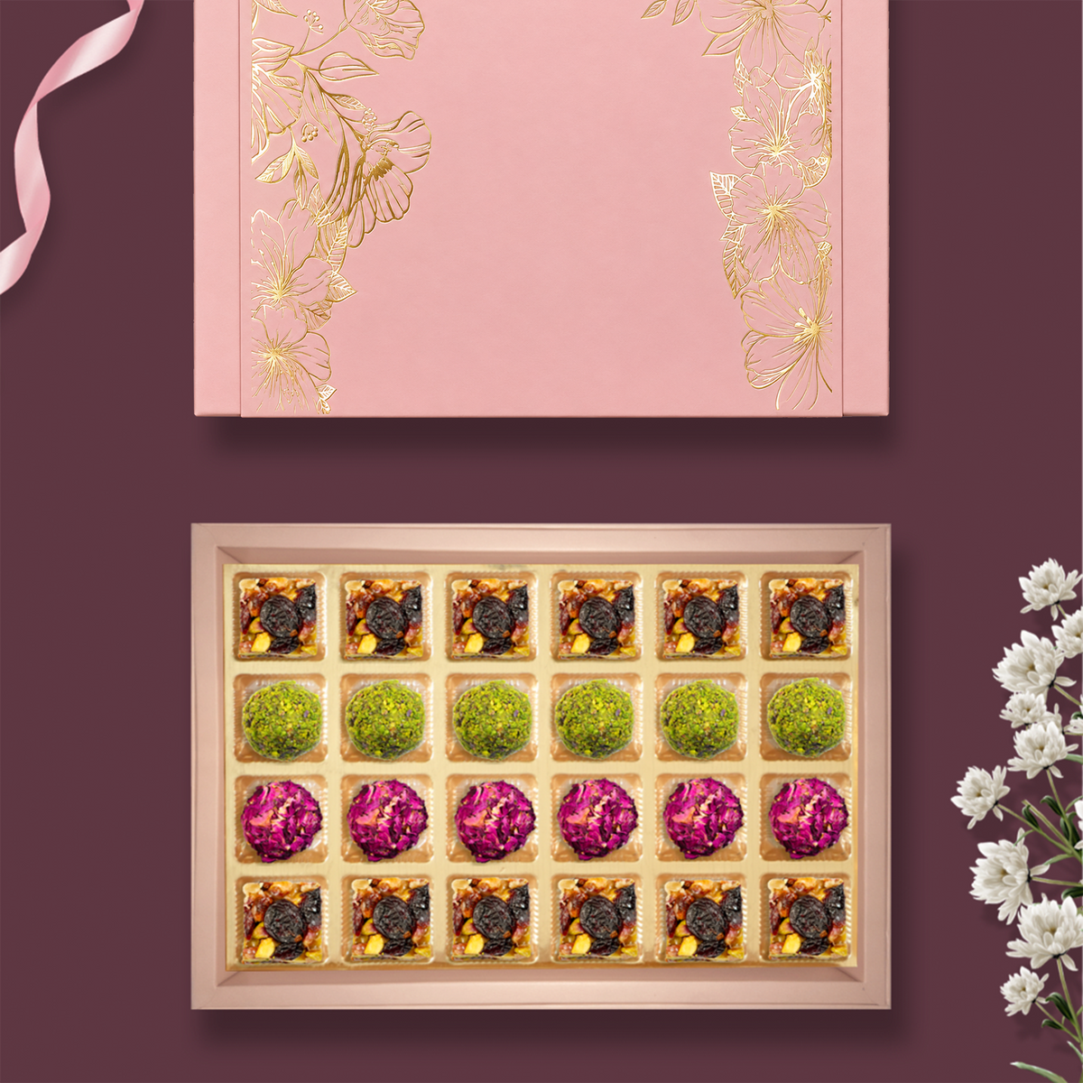 24 pc Box Gulab Gulkand+Pistachi Cranberry+Rose Almond Pistachio