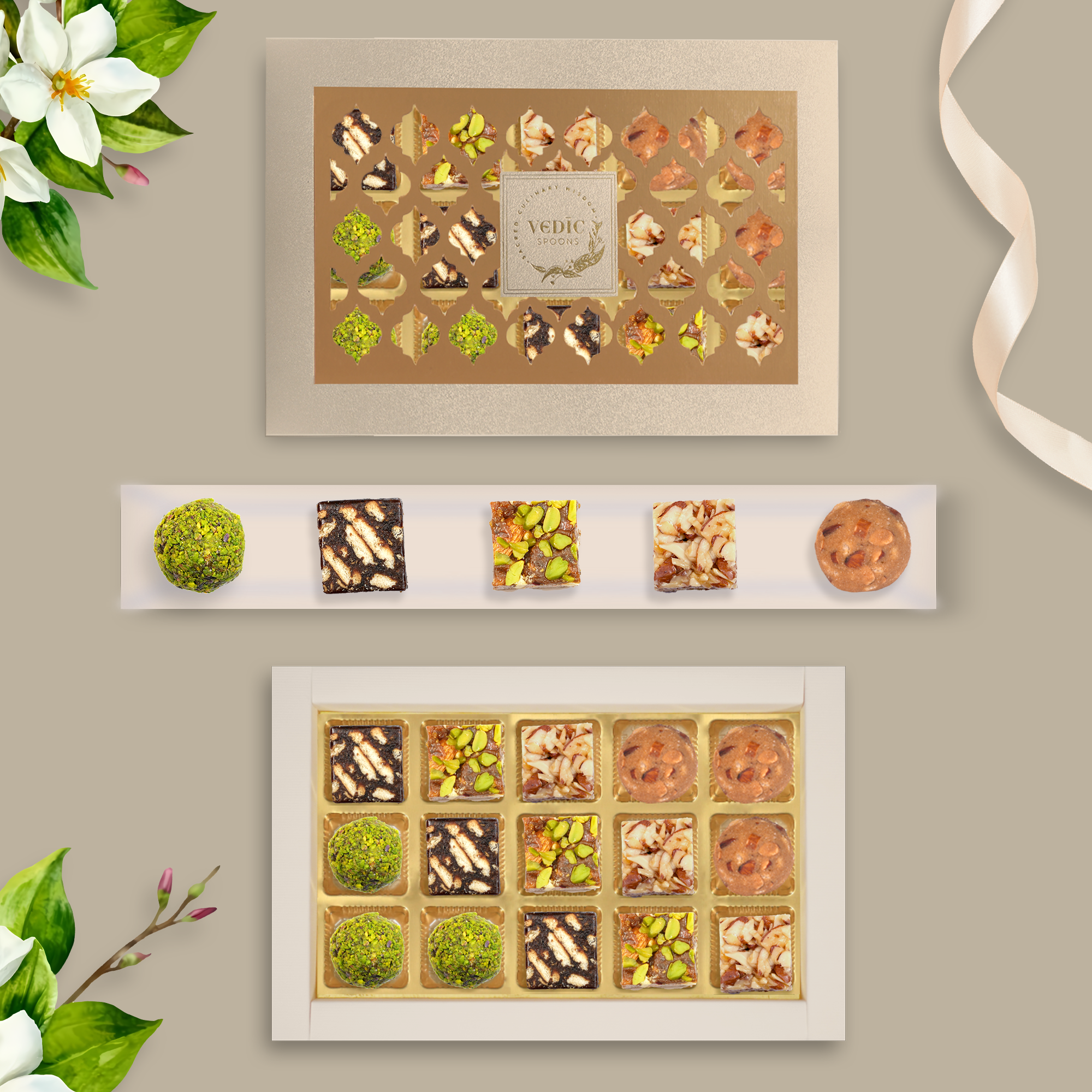 15 Pc Box Date Coffee Cookie+ Date Dryfruit + Roasted Almond +Gondh Badam Laddoo +Roasted Almond Pista