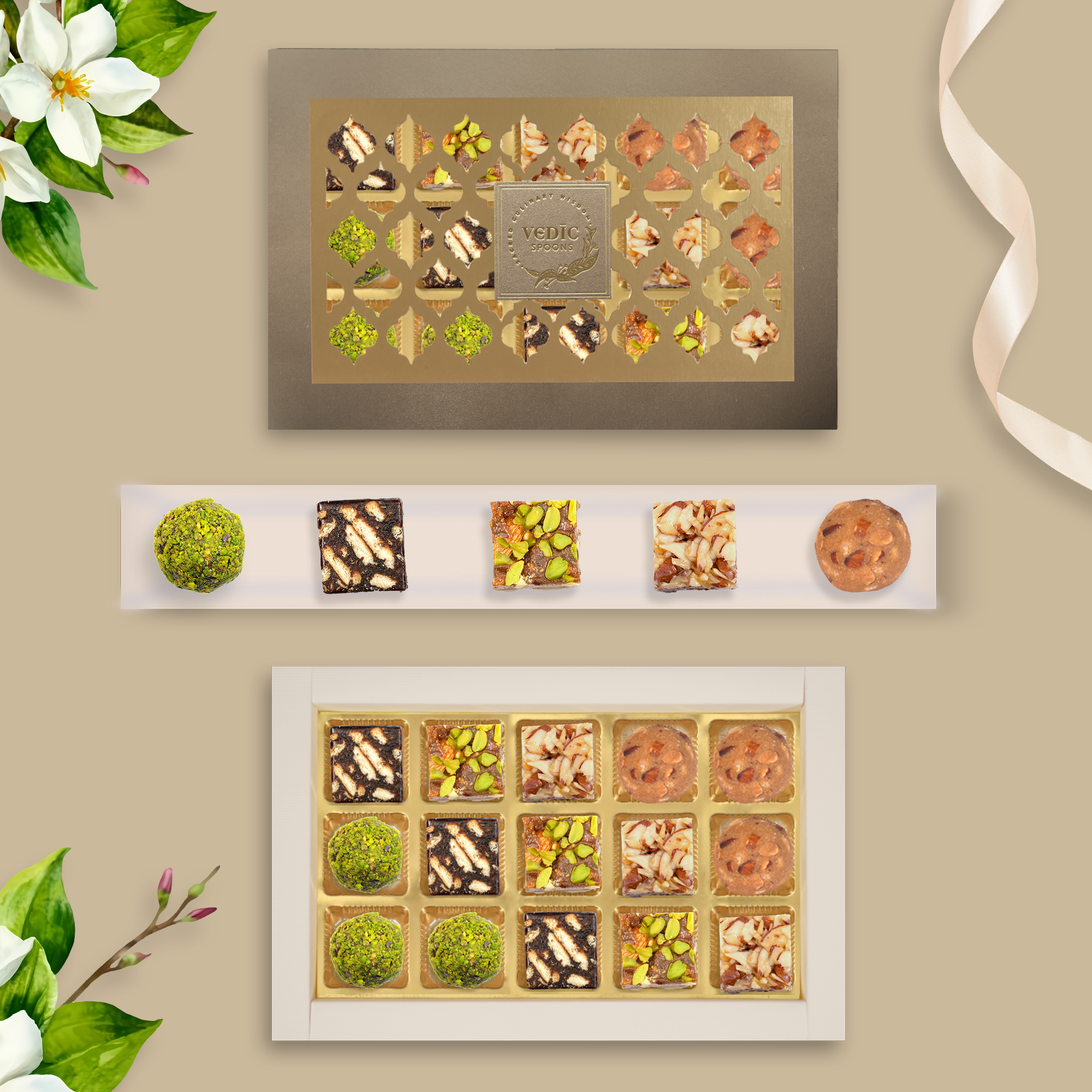 15 Pc Box Date Coffee Cookie+ Date Dryfruit + Roasted Almond +Gondh Badam Laddoo +Roasted Almond Pista