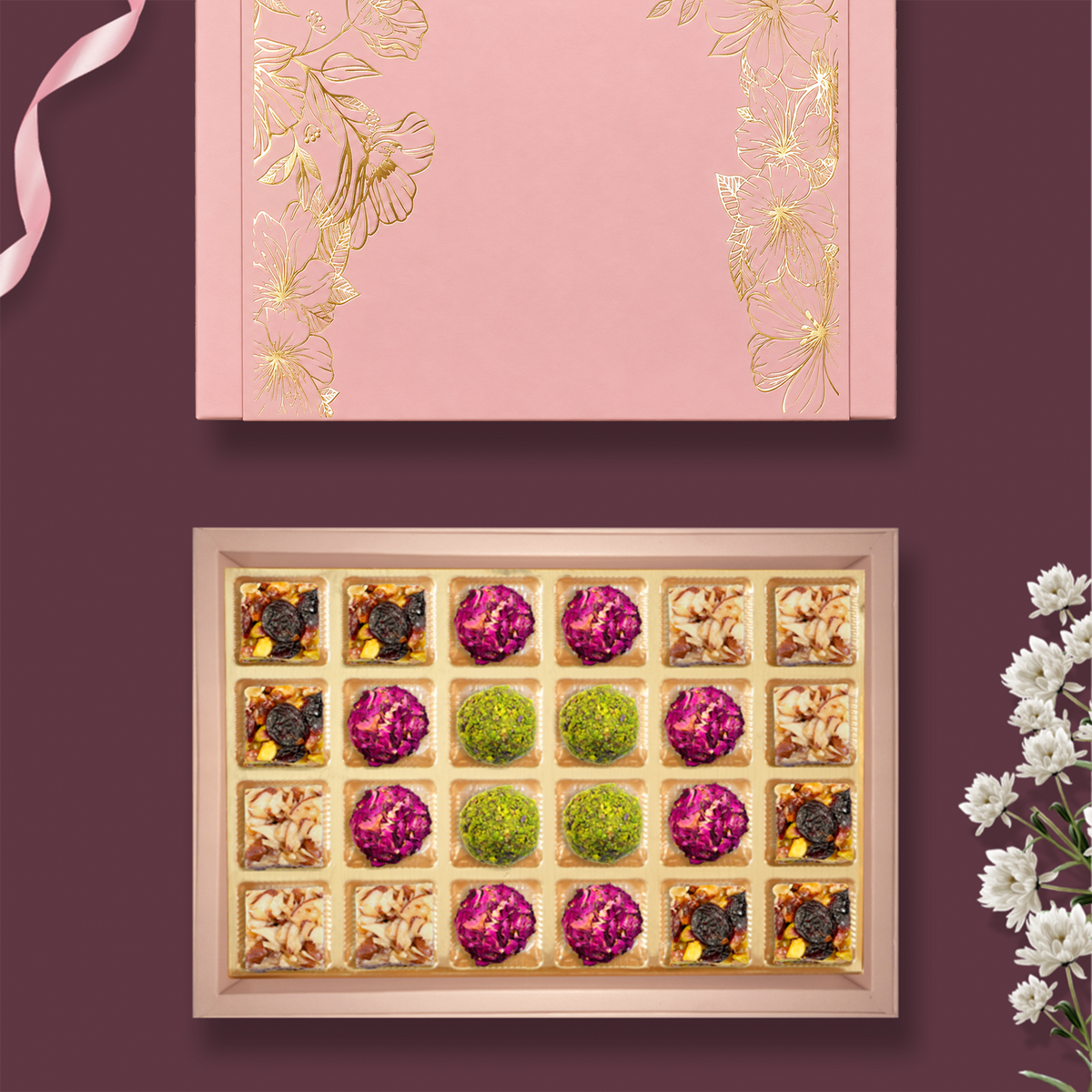 24 pc Box  Pistachi Cranberry +Gulab Gulkand + Rose Almond Pistacio + Roasted Almond