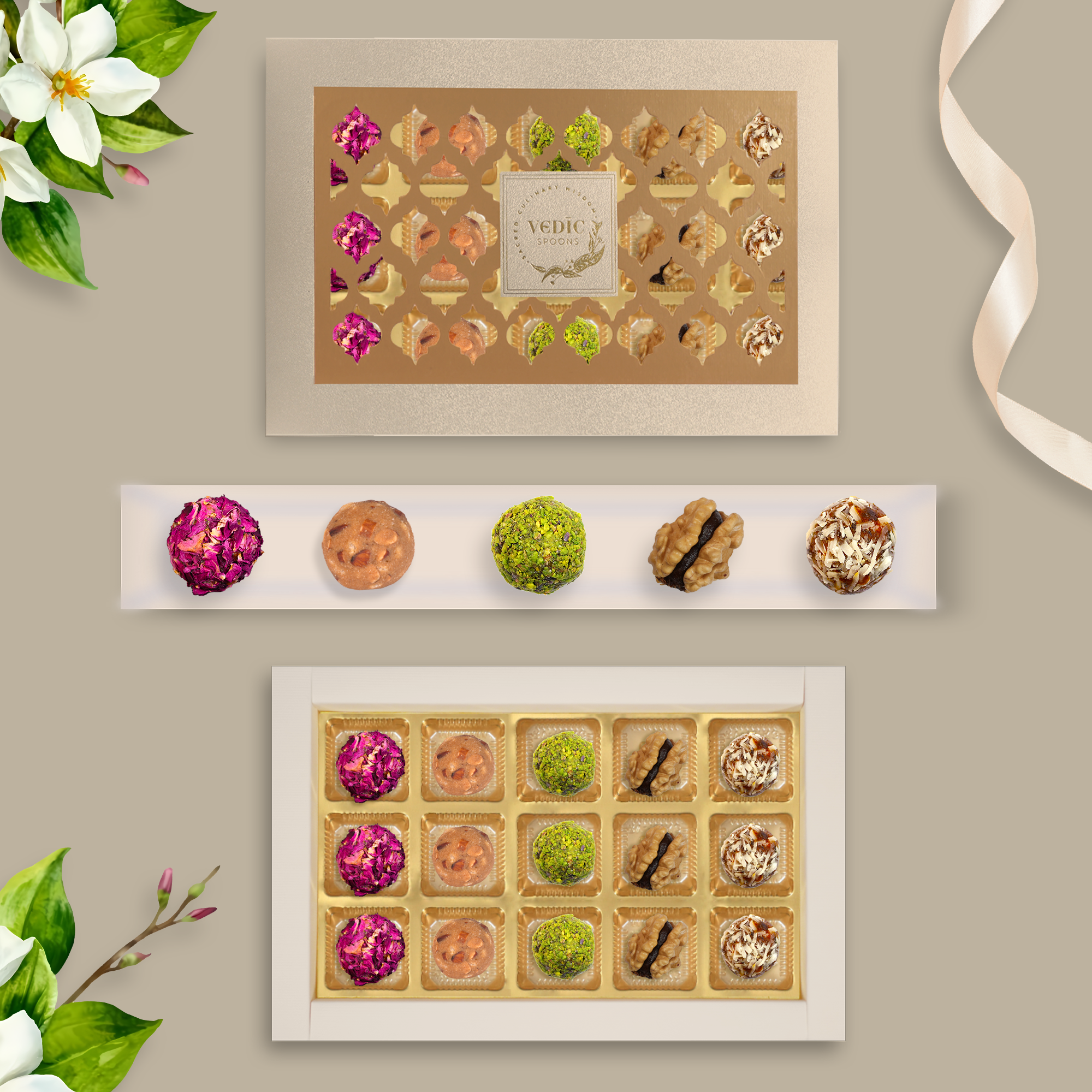 15 Pc Box Gulab Gulkand + Gond Badam Laddoo + Rose Almond Pistacio + Walnut Date Coco + Date Mukhwas