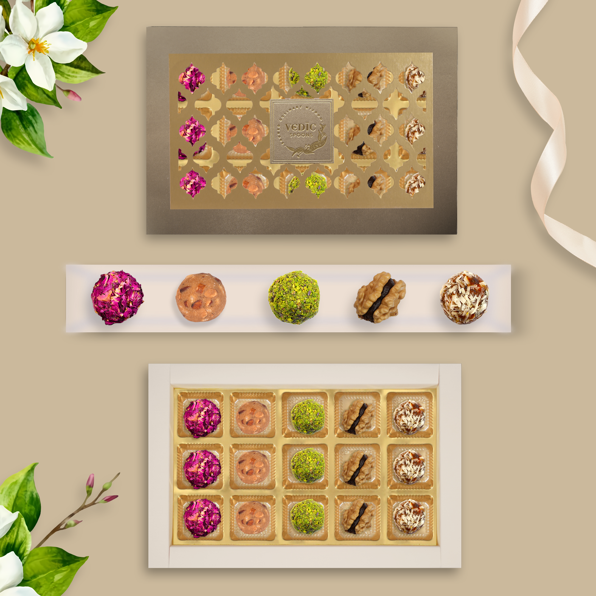 15 Pc Box Gulab Gulkand + Gond Badam Laddoo + Rose Almond Pistacio + Walnut Date Coco + Date Mukhwas