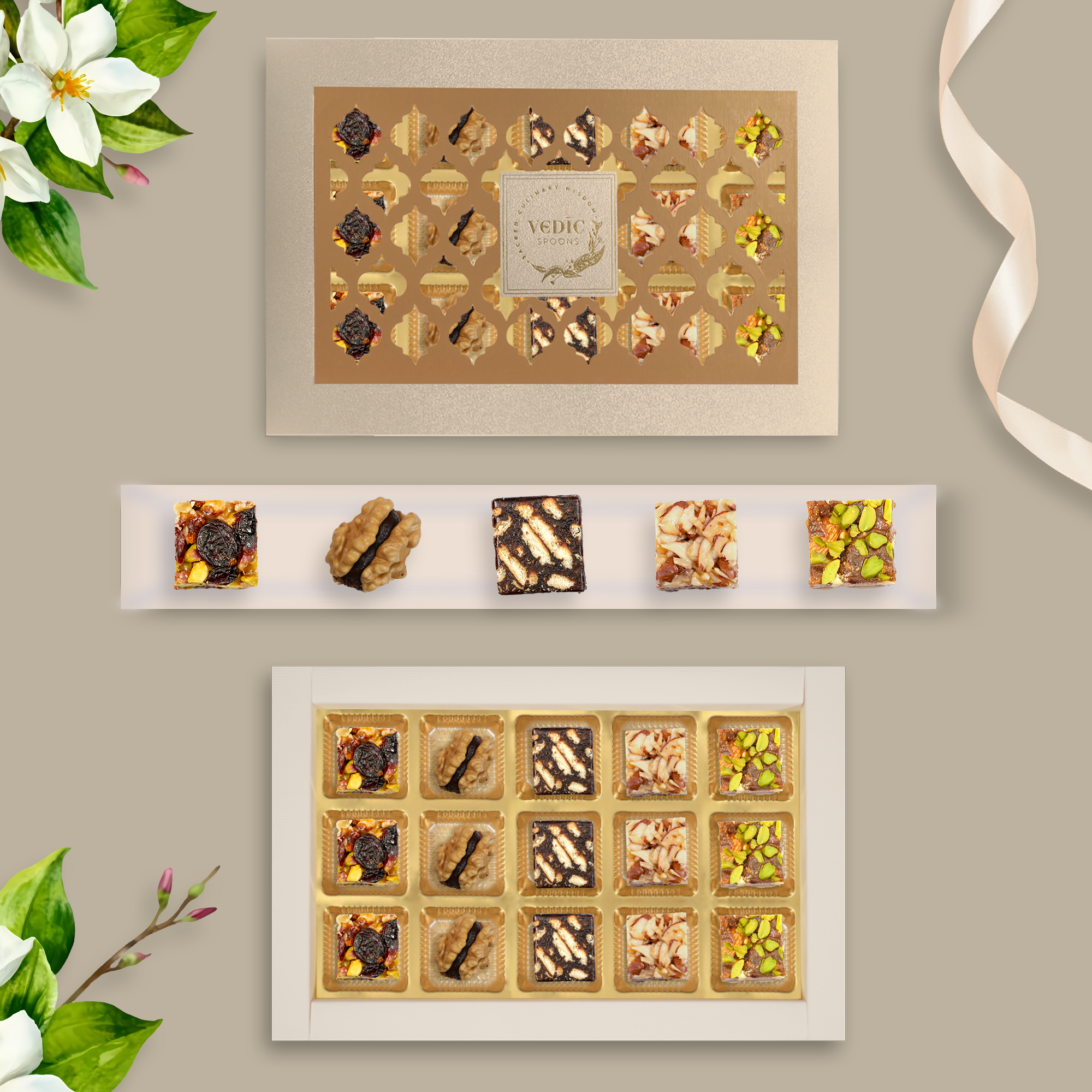 15 Pc Box Pistachi Cranberry + Walnut date Coco + Date Coffee Cookiee + Roated Almond + Date Dryfruit