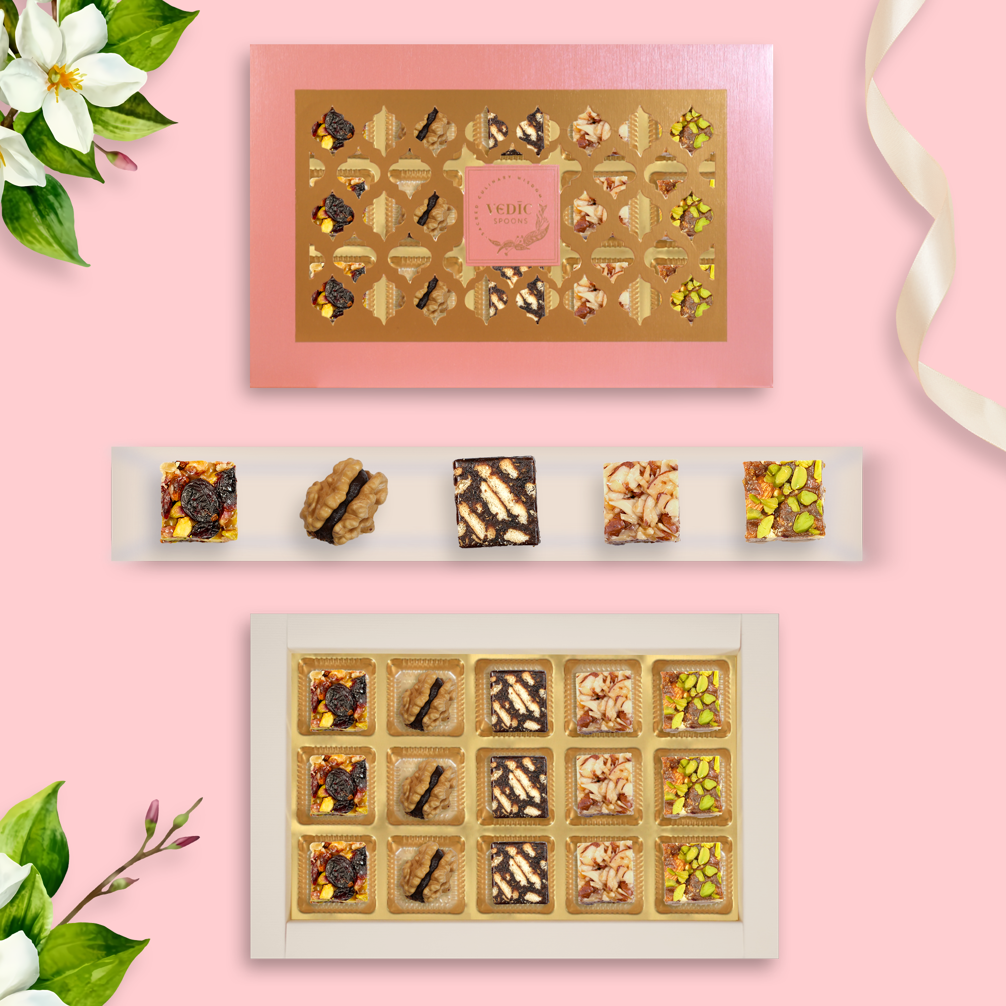 15 Pc Box Pistachi Cranberry + Walnut date Coco + Date Coffee Cookiee + Roated Almond + Date Dryfruit